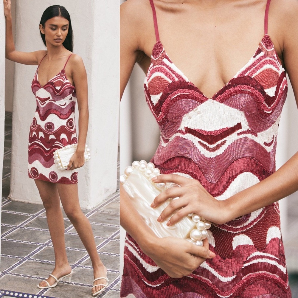 CULT GAIA Sasha Beaded Multi Wave Print Mini Dress Pink Red NWT Small